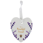 White ceramic heart with lavender sprigs, gold bee and For a Beautiful Friend message, on a sheer ribbon