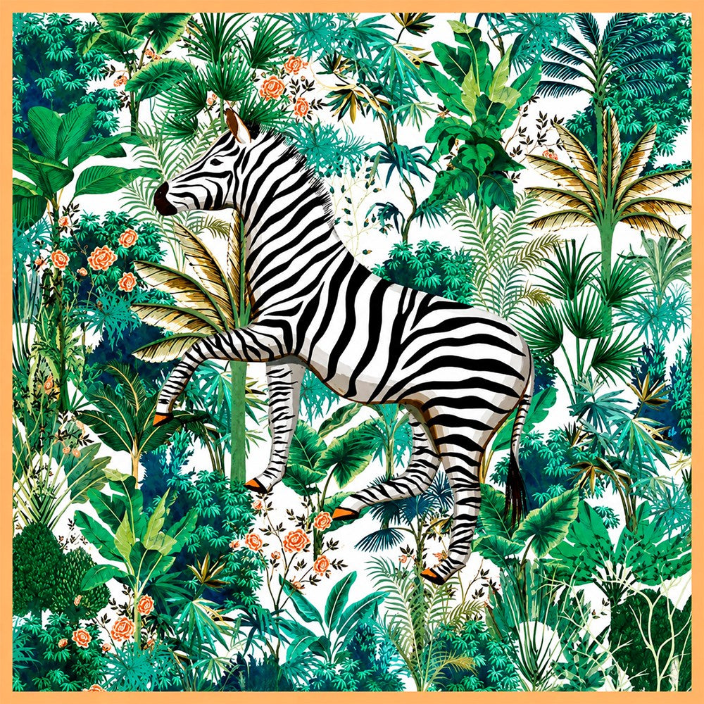 Zebra Green silk scarf laid flat - a zebra prancing through green jungle palms and coral roses inside an apricot border