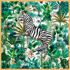 Zebra Green silk scarf laid flat - a zebra prancing through green jungle palms and coral roses inside an apricot border
