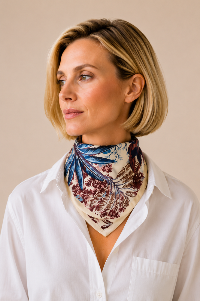 Model in a white shirt wearing a cream silk scarf printed with blue palms and burgundy ferns, knotted at the neck