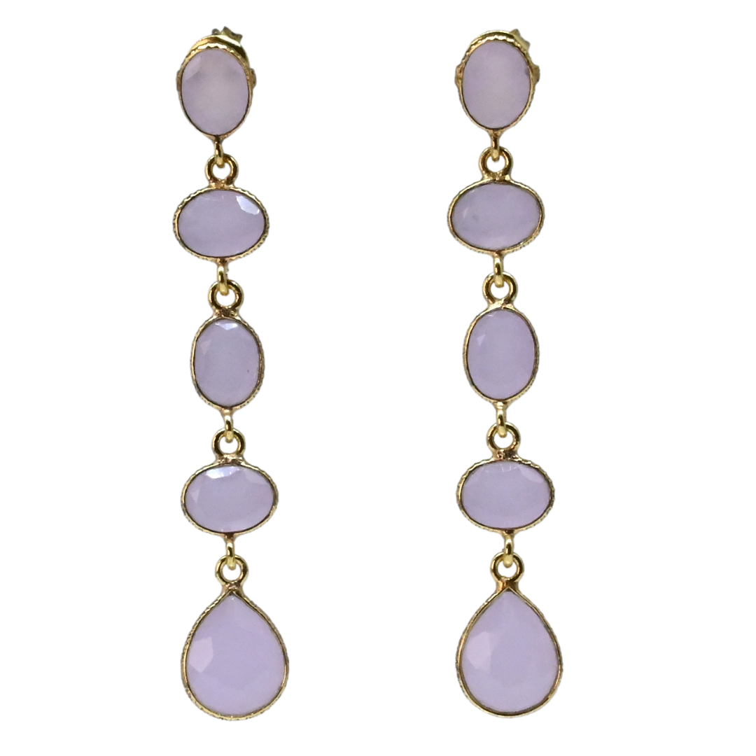 Euro Gold long drop earrings with linked pale pink oval gems