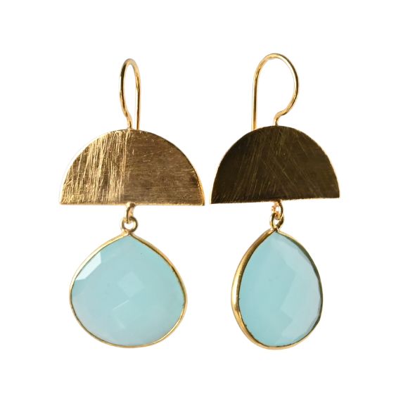 Brushed gold half-moon earrings with large faceted pale aqua chalcedony drops