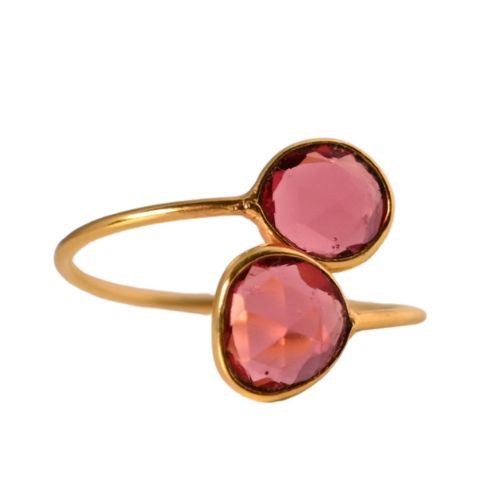 Euro Gold open cuff ring with a round and a pear-shaped cherry quartz gem