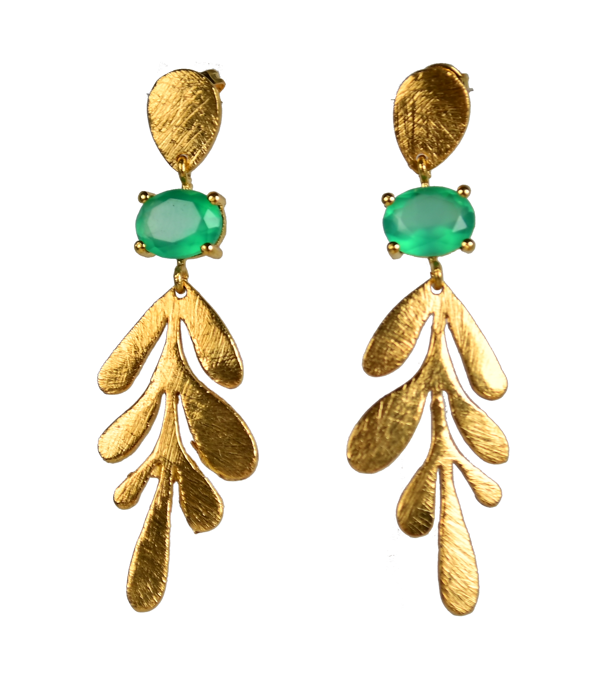 Euro Gold leaf drop earrings with emerald-green oval gems on black background