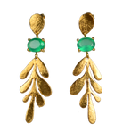 Euro Gold leaf drop earrings with emerald-green oval gems on black background