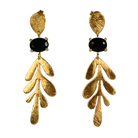 Brushed Euro Gold leaf earrings with black oval gems on dark background