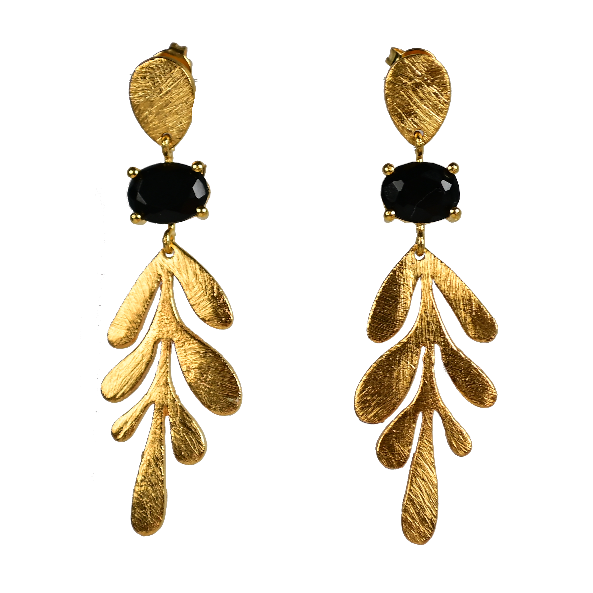 Brushed Euro Gold leaf earrings with black oval gems on dark background