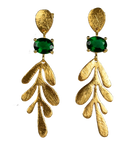Brushed Euro Gold leaf earrings with deep green oval gems on dark background