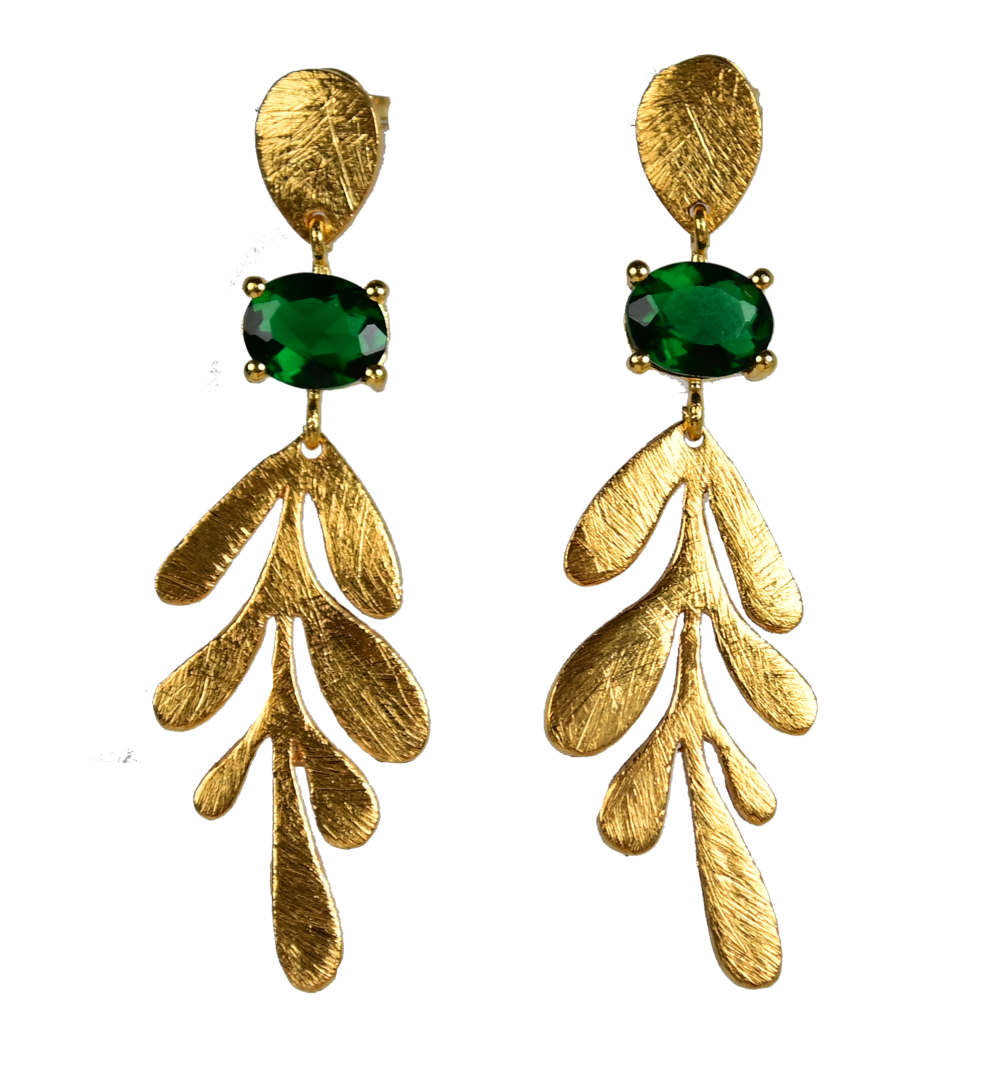 Brushed Euro Gold leaf earrings with deep green oval gems on dark background