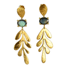 Brushed Euro Gold leaf earrings with teal-grey oval gems on dark background
