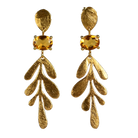 Brushed Euro Gold leaf earrings with golden citrine gems on dark background