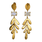 Brushed Euro Gold leaf earrings with white moonstone-style gems