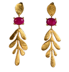 Brushed Euro Gold leaf earrings with magenta-pink oval gems