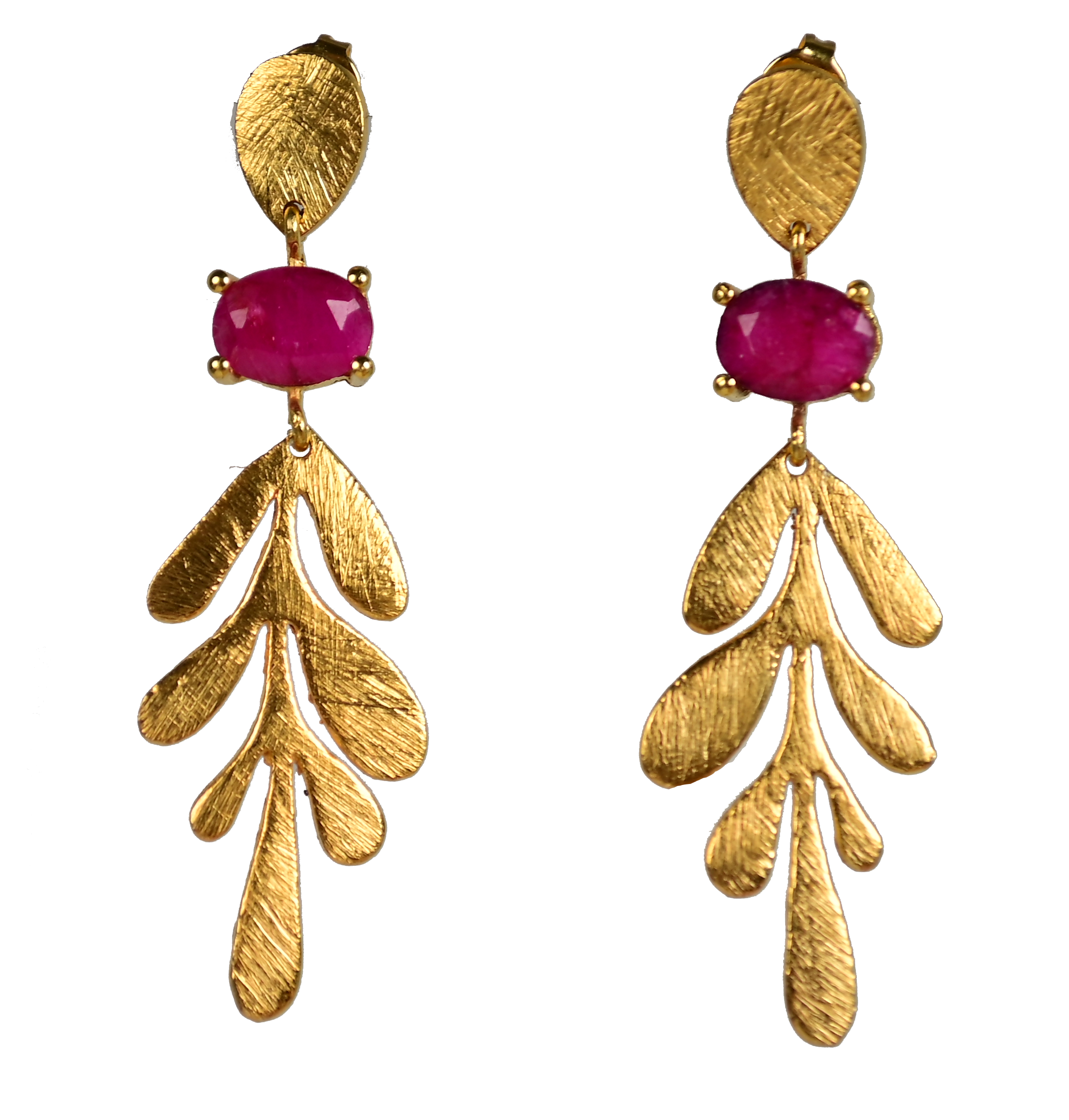 Brushed Euro Gold leaf earrings with magenta-pink oval gems