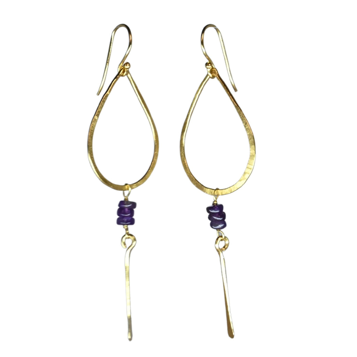 Gold teardrop hoop earrings with deep purple beads and a hammered blade drop