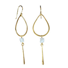 Gold teardrop hoop earrings with pale moonstone beads and a hammered blade drop