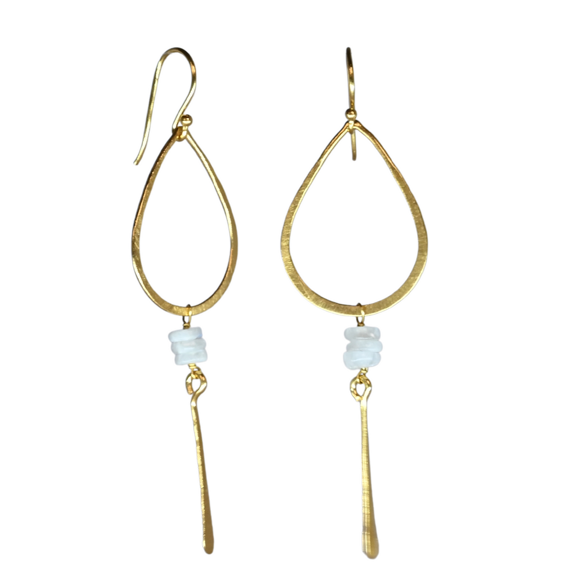 Gold teardrop hoop earrings with pale moonstone beads and a hammered blade drop