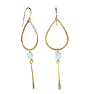 Gold teardrop hoop earrings with pale moonstone beads and a hammered blade drop