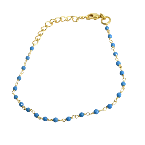 Fine gold bracelet with faceted turquoise-blue beads on a delicate chain