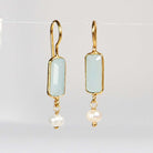 Euro Gold earrings with pale aqua chalcedony bars and freshwater pearl drops
