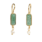 Euro Gold earrings with green chalcedony bars and freshwater pearl drops