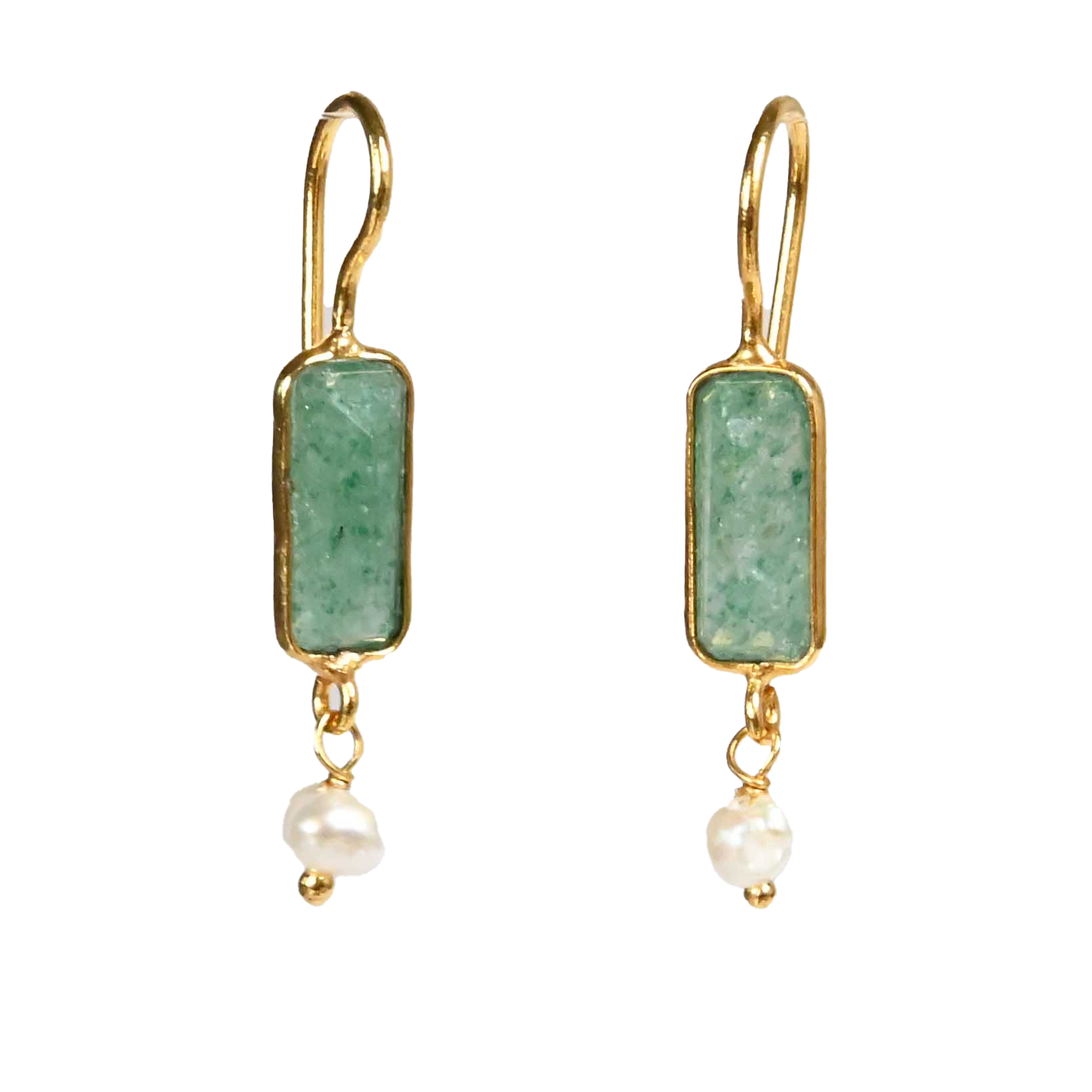 Euro Gold earrings with green chalcedony bars and freshwater pearl drops