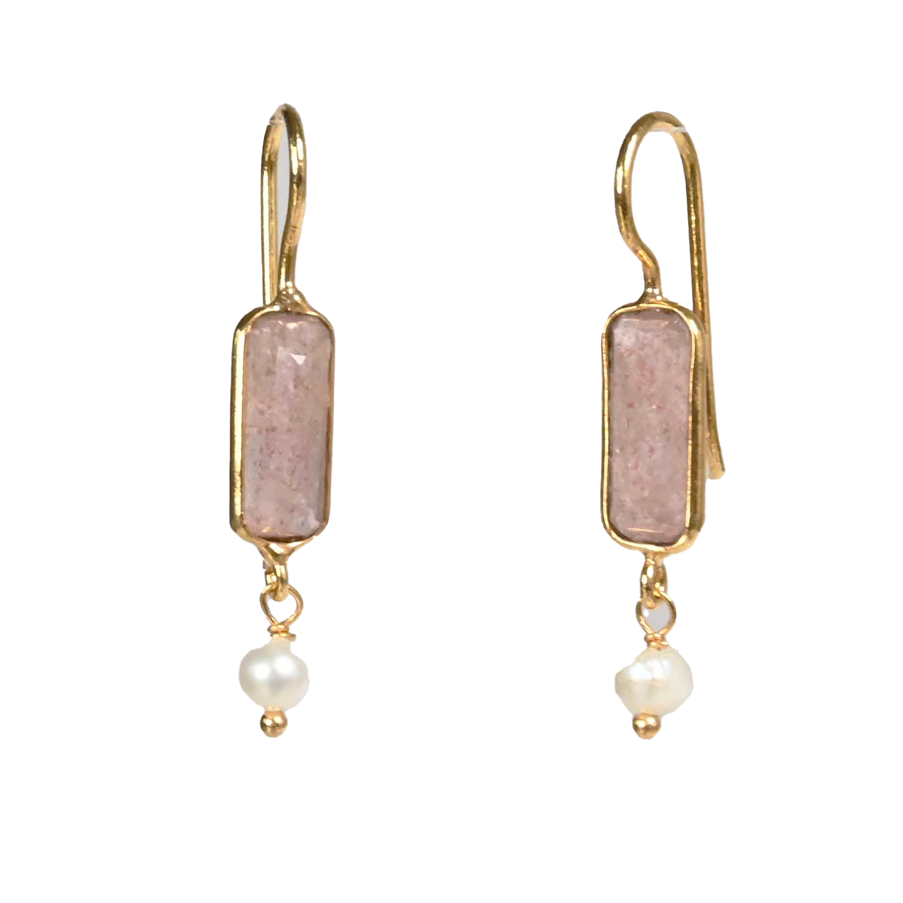 Euro Gold earrings with pink quartz bars and freshwater pearl drops