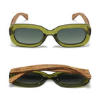 Vibe Moss sunglasses front-on and folded from above, with dark gradient lenses and striped walnut arms
