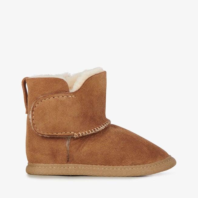 EMU Australia Platinum Baby Bootie in chestnut sheepskin with wide touch-tape strap, side view