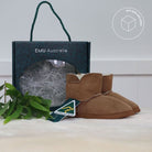 Chestnut Platinum Baby Bootie displayed in its EMU Australia gift box with Australian Made swing tag