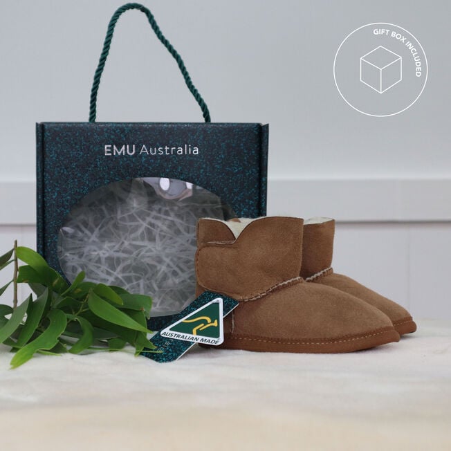 Chestnut Platinum Baby Bootie displayed in its EMU Australia gift box with Australian Made swing tag