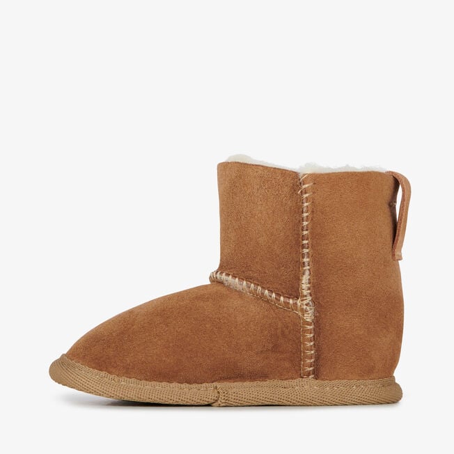Chestnut baby bootie from the back showing heel seam