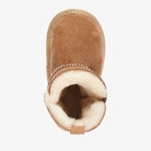 Top-down view of the chestnut baby bootie showing plush wool lining