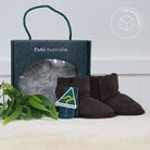 Chocolate Platinum Baby Bootie displayed in its EMU Australia gift box with Australian Made swing tag