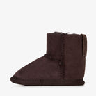 Chocolate baby bootie from the back showing heel seam
