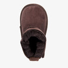 Top-down view of the chocolate baby bootie showing dark wool lining