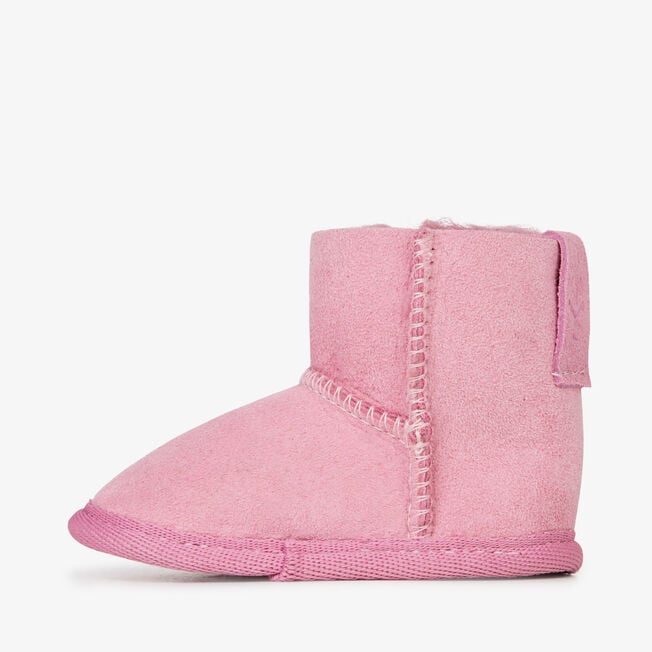 Orchid pink baby bootie from the back showing heel seam
