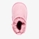 Top-down view of the orchid pink baby bootie showing rosy wool lining