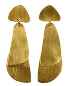 Brushed gold stud earrings with a rounded triangle top and a layered organic drop