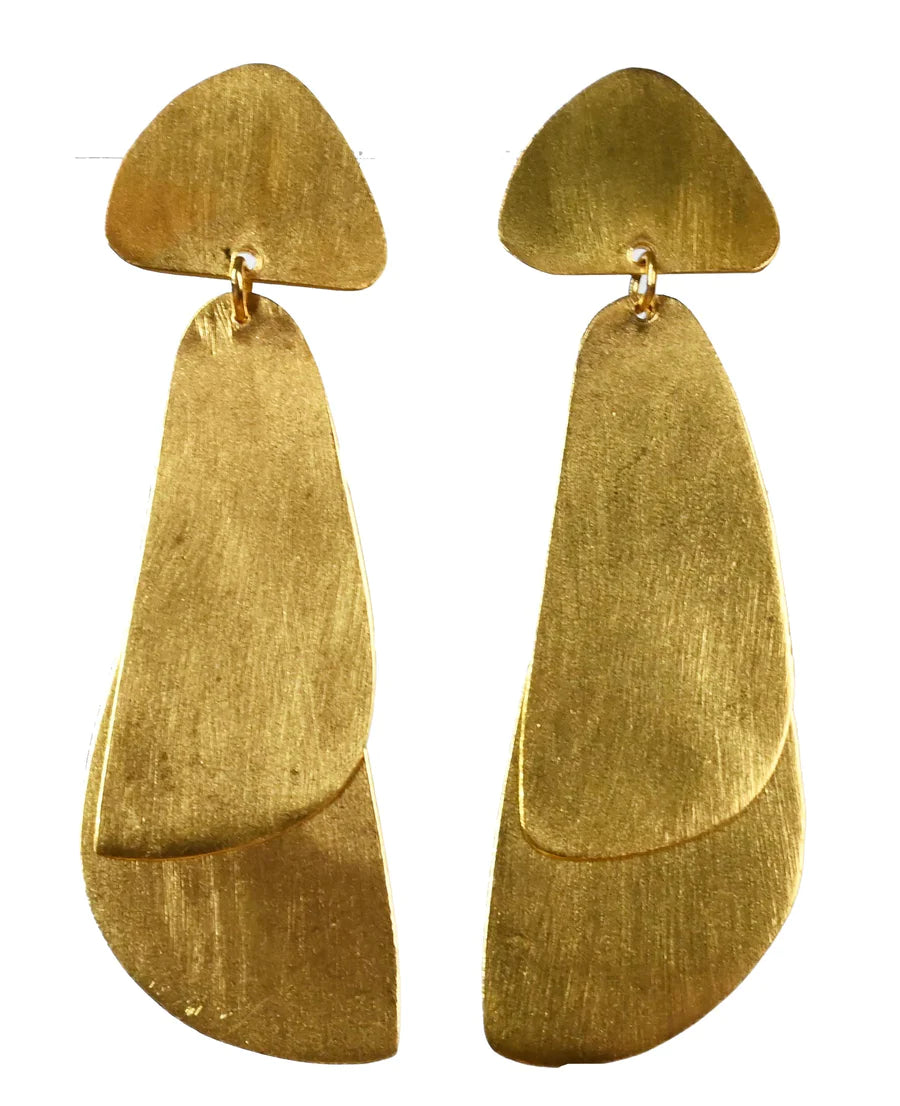 Brushed gold stud earrings with a rounded triangle top and a layered organic drop