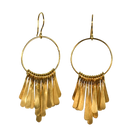 Gold hoop earrings with a fringe of hammered paddles in graduated lengths
