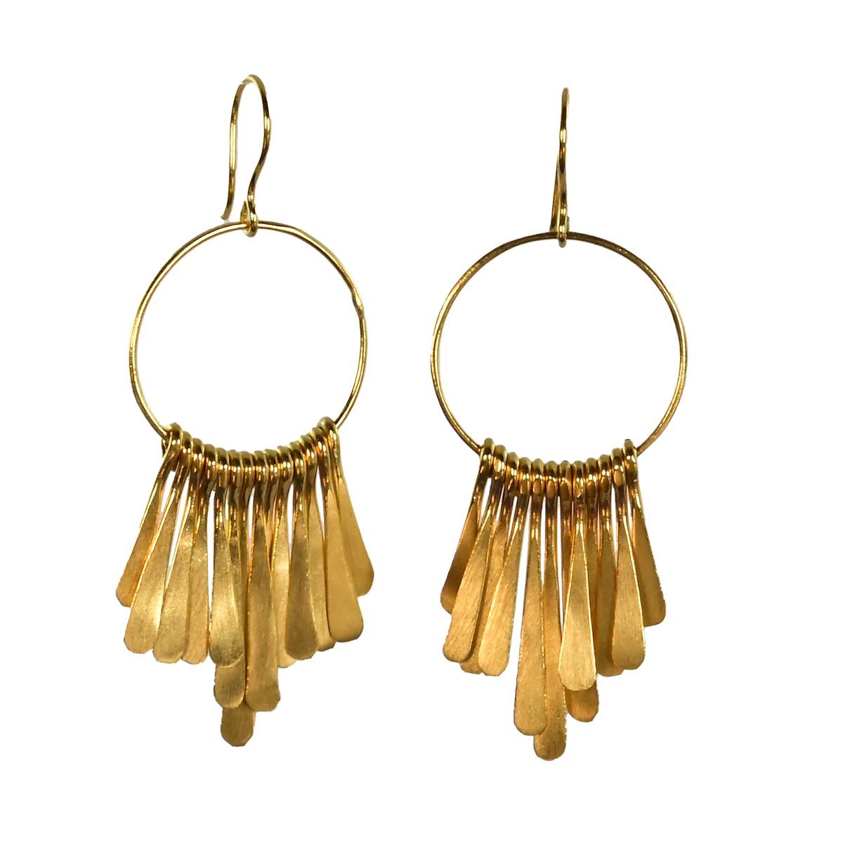 Gold hoop earrings with a fringe of hammered paddles in graduated lengths