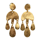 Brushed gold chandelier stud earrings: a round stud, a half-moon and three teardrop drops