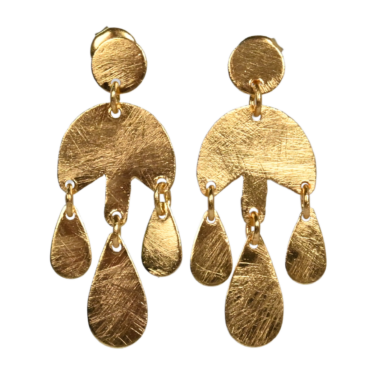 Brushed gold chandelier stud earrings: a round stud, a half-moon and three teardrop drops