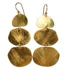 Brushed gold earrings with three graduated organic discs on a fine hook