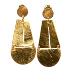 Brushed gold stud earrings with a boat-shaped drop: a split tapered panel over a half-disc