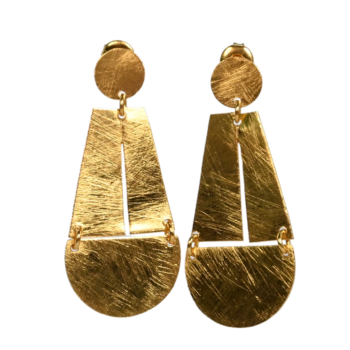 Brushed gold stud earrings with a boat-shaped drop: a split tapered panel over a half-disc