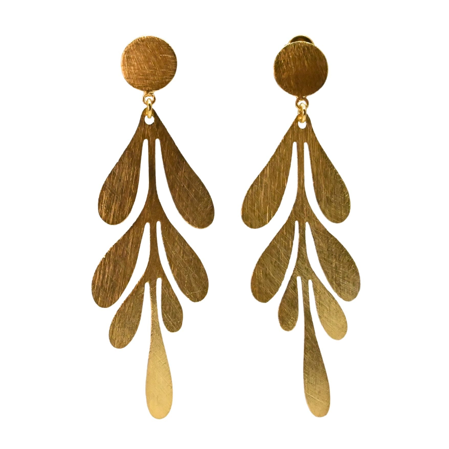 Brushed Euro Gold stud earrings with long cascading leaf motif drops