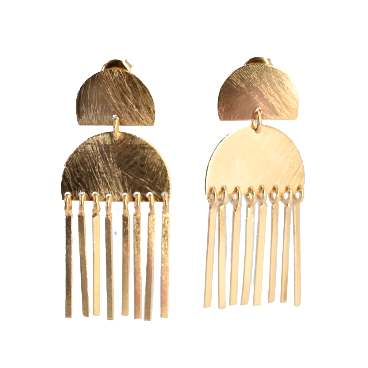 Gold stud earrings with two half-moons and a fringe of slim bars