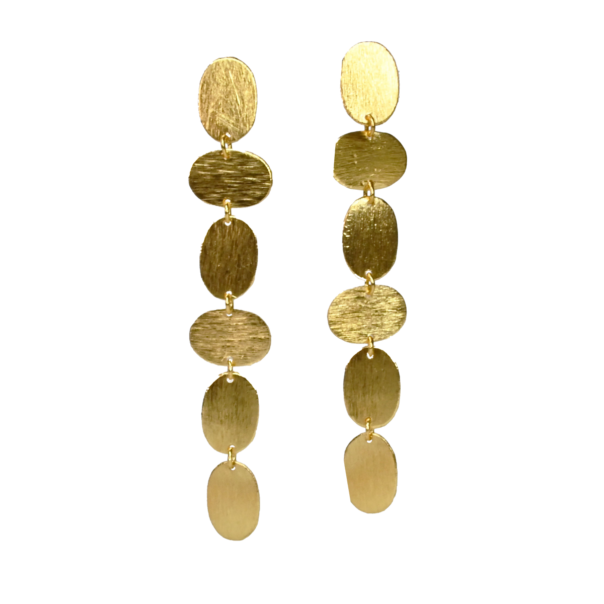 Brushed gold stud earrings with a long drop of linked ovals